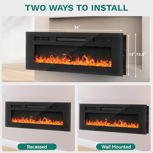 YITAHOME 36" Electric Fireplace Inserts, Fireplace Heaters for Indoor Use, Recessed or Wall Mounted, Remote Control with Timer, Adjustable Temperature, Adjustable Flame Color and Brightness, Crystals YITAHOME