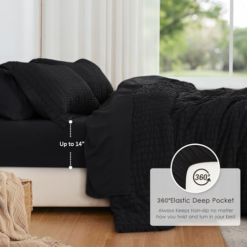 Love's cabin Seersucker Black Queen Comforter Set, 7-Piece All Season Lightweight Bed in a Bag Bedding Set with Comforter, Flat Sheet, Fitted Sheet, Pillowcases and Shams Love's cabin