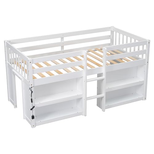 Softsea Twin Low Loft Bed with 2-Tier Shelves & LED Light in White - WoodArtSupply