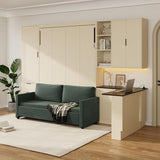 Quarte Queen Size Murphy Bed with Hydraulic Lift, Foldable Wall Bed with Sofa, Storage Shelves, USB Charging & LED Lighting, Space-Saving for Small Apartments Bedroom (Beige+Green Sofa) Quarte