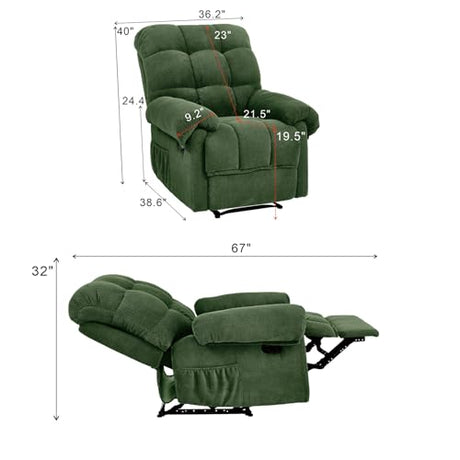 Rocker Recliner Chair, Manual High Back Glider Recliner Nursery Chair with Padded Footrest, Ergonomic Overstuffed Lounge Armchair, Comfy Reading Accent Chairs for Living Room, Bedroom, Nursery, Green Duigonp