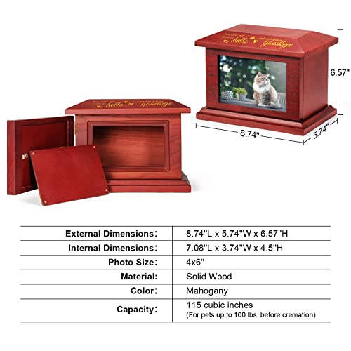 TJ. MOREE Pet Urns for Dog Ashes, Memorial Gifts for Loss of Cat, Personalized Wooden Cremation Urn with Photo Frame, Keepsake Memory Box with Black Flannel Bag for Pet up to 100 Pounds - WoodArtSupply