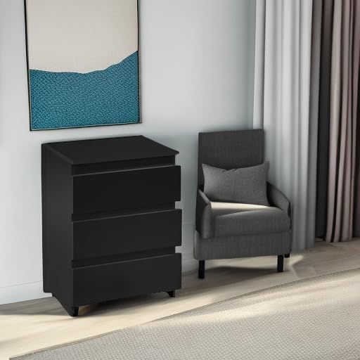 Yaheetech Nightstand with Drawer, 3 Drawers Bedside Table with Sturdy Base, Wood Bedside Cupboard Accent Table with Storage Space for Bedroom, Easy Assembly, Black Yaheetech