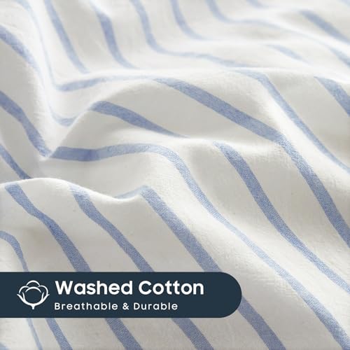 Wake In Cloud - Striped Cotton Duvet Cover Set, Ticking Stripe Vertical Pinstripe Farmhouse, 100% Washed Cotton Textured Percale Bedding Set, 3 Pieces, Blue White, Twin Size Wake In Cloud