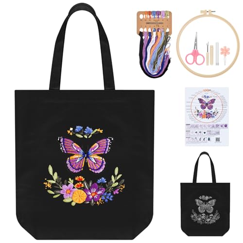 ERKOON Canvas Tote Bag Embroidery Kit for Beginners, Needlepoint Arts Crafts Cross Stitch Kits for Adults Including Stamped Embroidery Bag with Hoops, Needle, Instruction and Color Threads (Butterfly)