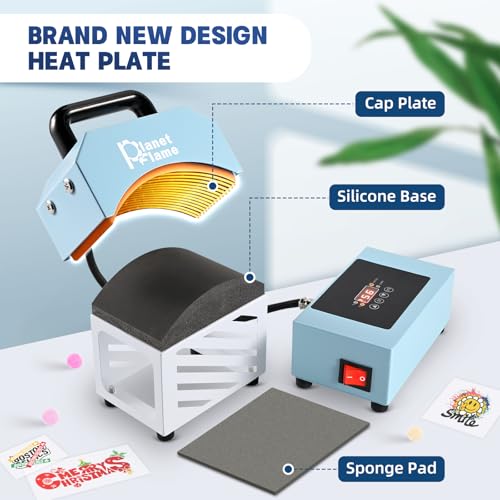 PlanetFlame Hat Press, Mini Hat Press Heat Machine for Caps Hats with 5.4" * 3.1" Curved Teflon Coated Heat Plate & Safety Base for Heat Transfer Vinyl, Sublimation and DIY Projects, Blue PlanetFlame