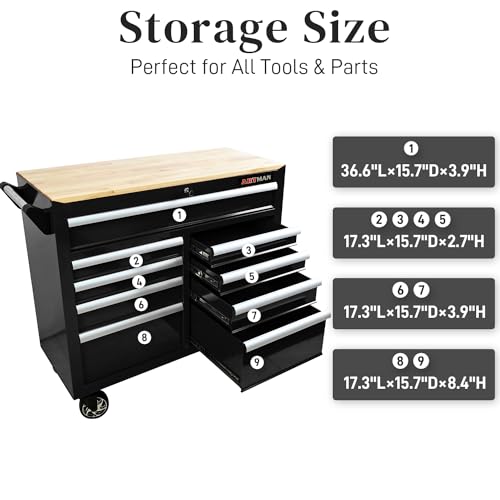 WTRAVEL Heavy Duty Rolling Tool Chest with 9-Drawer Wood Top Tool Cart Mechanic Tool Box with Wheels Tool Storage Cabinet Workbench High Capacity for Garage, Workshop, Warehouse, Repair Shop  - WoodArtSupply