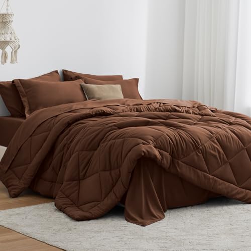 Love's cabin Queen Comforter Set Brown, 7 Pieces Queen Bed in a Bag, All Season Bedding Sets with 1 Comforter, 1 Flat Sheet, 1 Fitted Sheet, 2 Pillowcase and 2 Pillow Sham Love's cabin