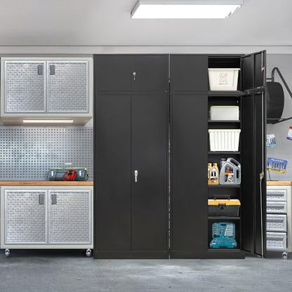 Metal Storage Cabinet, 87" H x 32" W x 16" D Locking Cabinet with Top Cabinet and 4 Adjustable Shelves, Steel Storage Cabinet for Office, Garage, Home-Black - WoodArtSupply