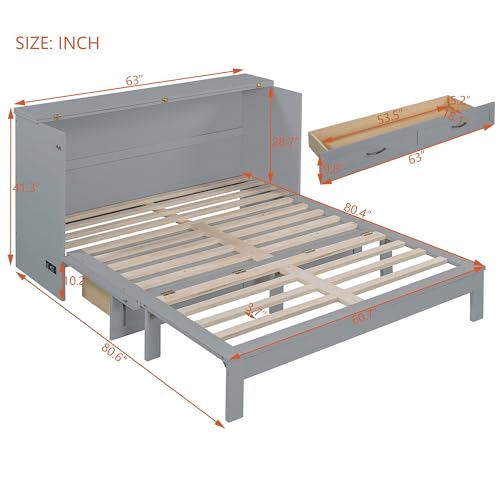 P PURLOVE Queen Murphy Bed with Large Drawers, Wood Cabinet Bed with USB Port, No Box Spring Needed, Easy Assembly (Gray) P PURLOVE