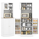Giantex Kitchen Hutch Cabinet, 67" Tall Pantry Cabinet with Microwave Countertop, 8 Door Shelves & 5 Adjustable Shelves, Freestanding Cupboard with Glass Door for Living Room, Dining Room, White Giantex