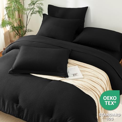 CozyLux King Size Comforter Set Black - 7 Pieces Striped Seersucker Bed in a Bag, Soft Lightweight Boho Bedding Set with All Season Comforters King Size, Sheets, Pillowcases & Shams CozyLux