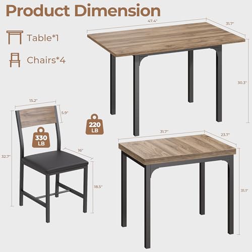 IRONCK 5-Piece Dining Table Set for 4, Extendable Kitchen Table Chairs Set of 4, Dining Room Table with 4 Upholstered Chairs, Folding for Small Space, Apartment, Walnut IRONCK