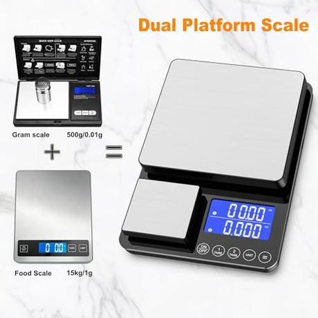 KKZ 0.001oz/33lb Kitchen Scale, Dual Platform Food Scale Grams and Ounces for Weight Loss Baking Cooking Meal Prep Sourdough Bread, Stainless Steel KKZ