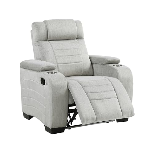 Lexicon Wall Hugger Manual Reclining Chair, Microfiber Manual Recliner with Cup Holders/Hidden Arm Storage/LED Base Lighting, Home Theater Seating for Living Room, Light Gray