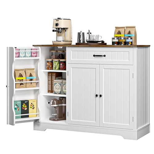 Gizoon Kitchen Coffee Bar Cabinet with Storage Kitchen Sideboard Buffet Cabinet with Drawers, Short Pantry with Door and Shelves for Bathroom and Living Room, White and Rustic Gizoon