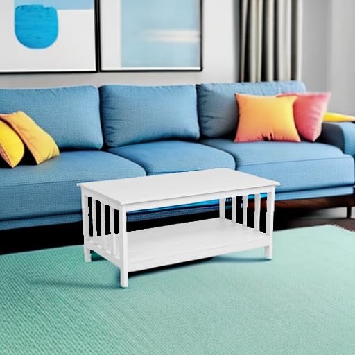 ChooChoo Farmhouse Coffee Table, Pure White Living Room Table with Shelf, 40 Inch ChooChoo