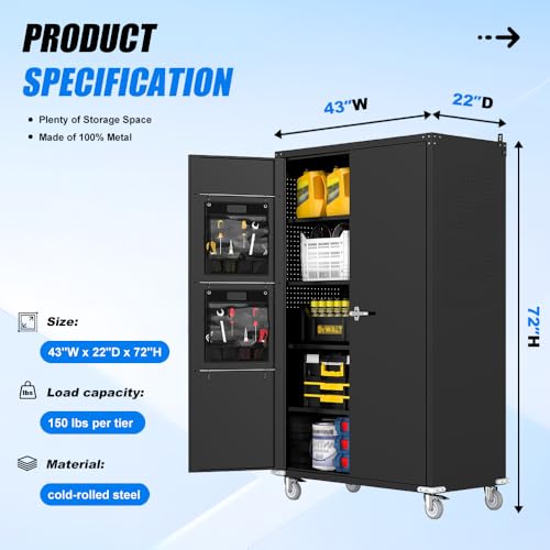 Yeeoy Wide & Deep Metal Garage Storage Cabinet with Pegboard & Adjustable Shelves, Lockable Storage Cabinet with Wheels, Tool Organization Cabinets for Office Garage Shop, 43''W x 22''D x 72''H Yeeoy