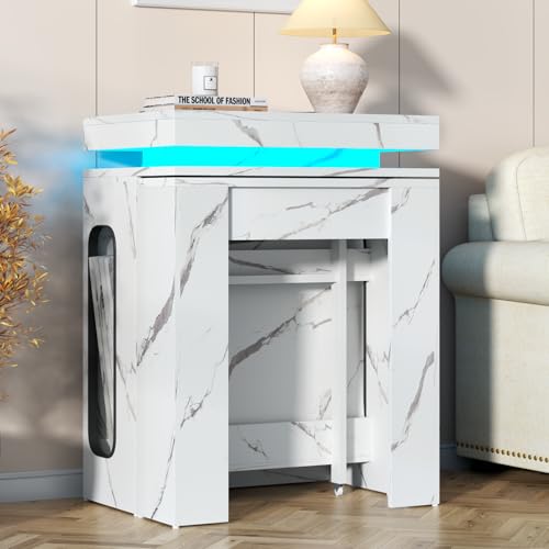 Extendable Dining Table with Charging Station & LED Lights, 19.7" to 98.4" White Faux Marble Dining Table, Rectangle Console Table for 2-8, Modern Space Saving Kitchen Island Table (No Chairs) Gyfimoie