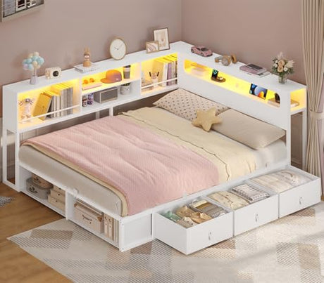 ADORNEVE Corner Bed Frame Full Size with Bookcase Storage & RGB Lights, Charging Station, Metal Daybed with 3 Drawers & 2 Open Cubbies, for Teens, Small Space, White ADORNEVE