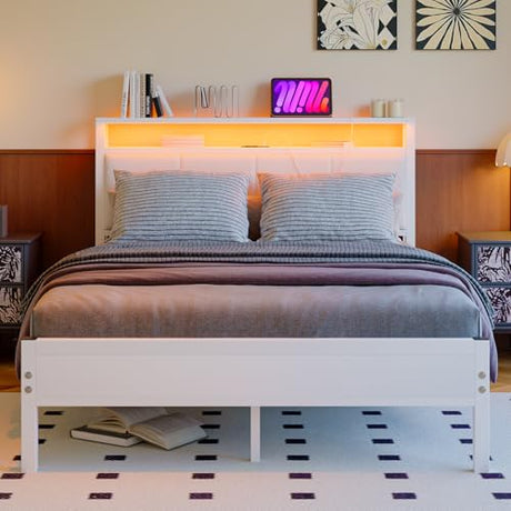 VECOCHO Full Size Bed Frame with LED Lights,Upholstered Headboard with Storage Shelves&Charging Station, Heavy Duty LED Bed Frame Full Mattress Foundation No Box Spring Needed, Noise Free,White VECOCHO