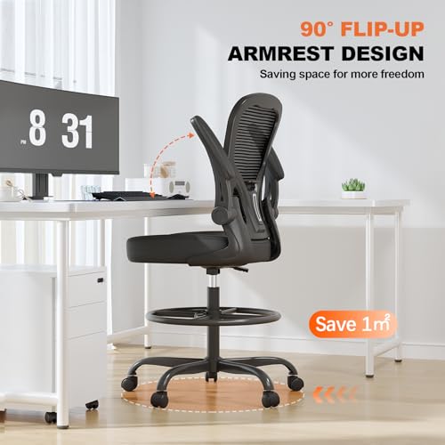 Ergonomic Drafting Chair, Tall Office Chair with Flip-up Armrests, Breathable Mesh High Desk Chair with Lumbar Support Adjustable Footrest Ring for Standing Desk Black Synorla