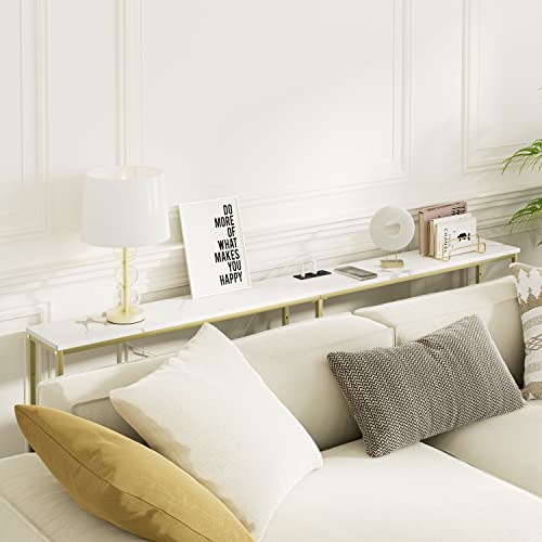 Masupu 70.9 Inch Console Table with Power Outlet，Modern Narrow Long Sofa Table Behind Couch,Skinny Entry Table with Gold Metal Frame for Entryway,Living Room, Hallway,Classic White Masupu