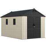 Greesum 8x12 FT Plastic Outdoor Storage Shed with Floor, Resin Sheds with Window and Lockable Door, Weather Resistant Organization for Garden, Patio, Pool Supplies, Beige Greesum