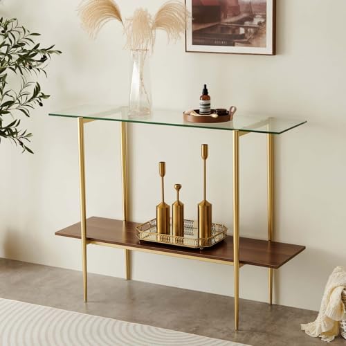 LumFurn Glass Console Table for Living Room, Foyer & Entrance, 2-Tiers Mid-Century Modern Sofa Table with Clear Glass Top, Walnut Finish Wood Top and Gold Finish Metal Frame LumFurn