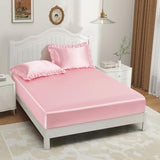 P Pothuiny 3-Piece Set Ruffle Satin Pillowcases & Twin Fitted Sheet, Luxury Blush Pink Satin Fitted Sheet Silky Soft Cute Bedding Bedroom Dorm Decor, Wrinkle Free, 15 Inch Deep Pocket P Pothuiny