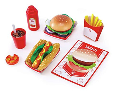 Hape Fast Food Set |Wooden Diner Fast Food Toy Set, Classic American Meal for Pretend Play Includes Burger, French Fries, Hotdogs & Cola