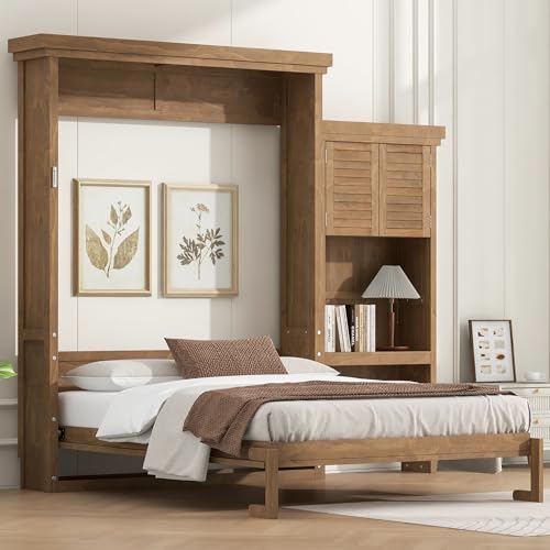 MERITLINE Queen Murphy Bed with Desk and Storage Bookcase Shelves,Solid Wood Space-Saving Folding Farmhouse Murphy Wall Bed Cabinet with Storage Bookcase Shelves for Adults (Natural Wood) MERITLINE