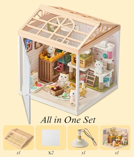 Tkmango Cat Pet Life Shop DIY Miniature House Kit with Roof & LED Light, Stackable & Connectable Dollhouse Kit with Dustproof Door, Creative DIY Crafts Building Toy Gift for Adults Teens