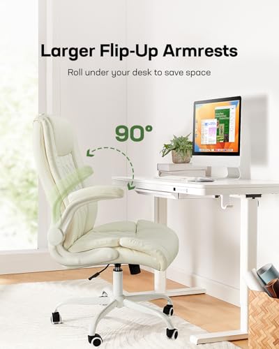 Marsail Executive Office Chair with Flip-up Armrests,PU Leather Ergonomic Desk Chair Height-Adjustable Swivel Rolling Desk Chair (White) Marsail