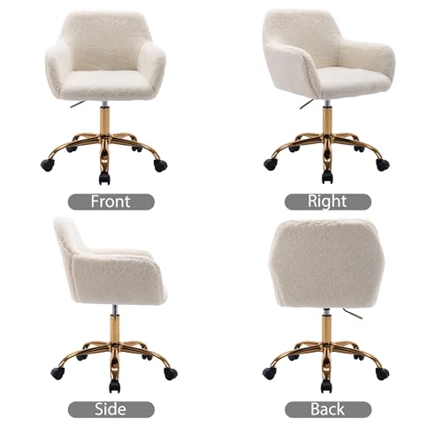 KCC Faux Fur Office Desk Chair, Comfy Swivel Armchair with Wheels, Upholstered Fuzzy Vanity Chair, Adjustable Height, White KCC