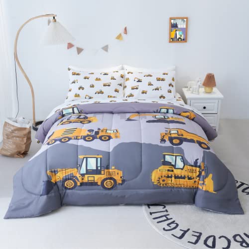 Cokouchyi Twin Size Comforter Set for Boys, 4-Piece Bed in a Bag, 3D Construction Bedding Comforter Sheet Set, Ultra Soft and Fluffy, Cartoon Truck Cars Cokouchyi