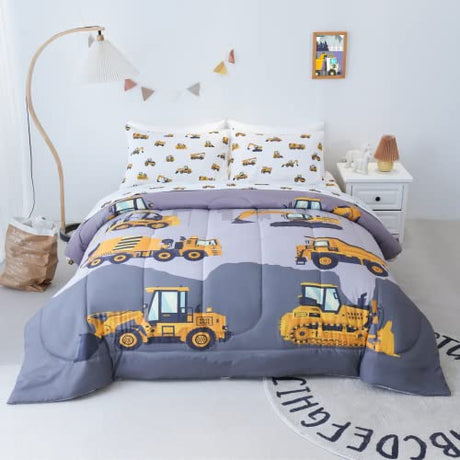 Cokouchyi Twin Size Comforter Set for Boys, 4-Piece Bed in a Bag, 3D Construction Bedding Comforter Sheet Set, Ultra Soft and Fluffy, Cartoon Truck Cars Cokouchyi