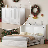 Mjkone Murphy Bed Cabinet, Queen Size Cabinets Bed Chest with USB Charging Station & Tri-Folding Mattress, Wall Beds with Storage Drawers for Guest Bedroom Apartment Office, Easily Convertible, White Mjkone