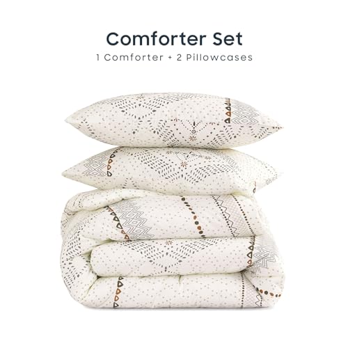 Wake In Cloud - Boho Comforter Set, Farmhouse Bohemian Western Aztec Neutral Aesthetic, Soft Lightweight Bedding, 3 Pieces, Beige, Queen Size Wake In Cloud