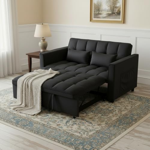 YitZanefrin 54'' 3 in 1 Convertible Sleeper Sofa Bed, Futon Couches Bed for Living Room with Side Pocket | Adjustable Backrest | Velvet Fabric | Pull Out Couch | Love Seat Sofa Black YitZanefrin