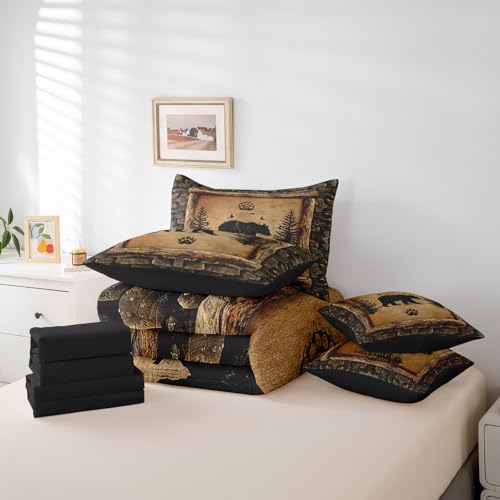 Feelyou Kids Rustic Bear 7 Piece Bedding Set King Size Farmhouse Forest Animal Black Bear Comforter Set with Sheets Boys Girls Hunting Country Brown Bed in a Bag Feelyou