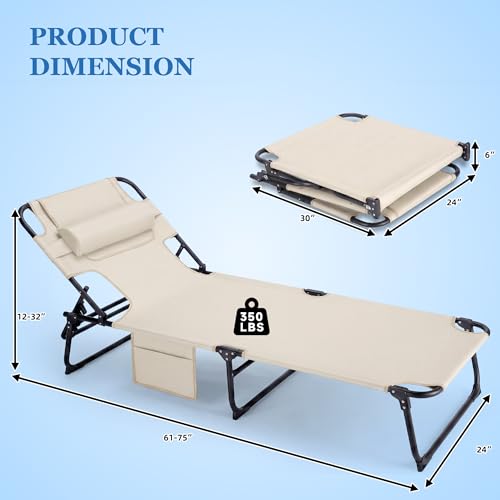 Ahsuname 3-in-1 Sun Tanning Chair with Face Holes, Folding Chaise Lounge Chairs, 5-Position Adjustable Lounge Chair Outdoor with 2 Side Pocket & Pillow, for Pool Beach, Patio, Camping, Beige