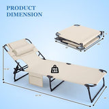 Ahsuname 3-in-1 Sun Tanning Chair with Face Holes, Folding Chaise Lounge Chairs, 5-Position Adjustable Lounge Chair Outdoor with 2 Side Pocket & Pillow, for Pool Beach, Patio, Camping, Beige