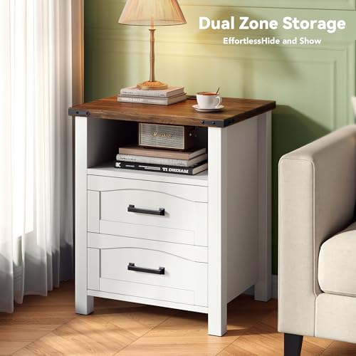 Decofy Farmhouse Nightstand Set of 2 with Charging Station, 18'' Wide Rustic End Table with USB/Type-C Ports, 2 Drawers & Open Shelf, Wood Bedside Table for Bedroom, White Decofy