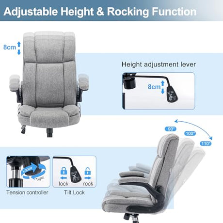 BRTHORY Office Chair High Back Ergonomic Executive Computer Desk Chair Comfortable Fabric Padded Home Office Desk Chairs with Flip-up Arm Rest Adjustable Height Swivel Wheels (Grey) BRTHORY