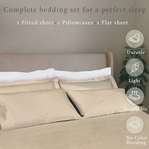 Threadmill - 5 Star Hotel Twin Sheet Set 100% Cotton Sheets, 500 Thread Count, Deep Pocket, Snug Fit, Soft & Crisp Best Bedding Sheets Set 3 Piece Set (Twin, Beige) Threadmill