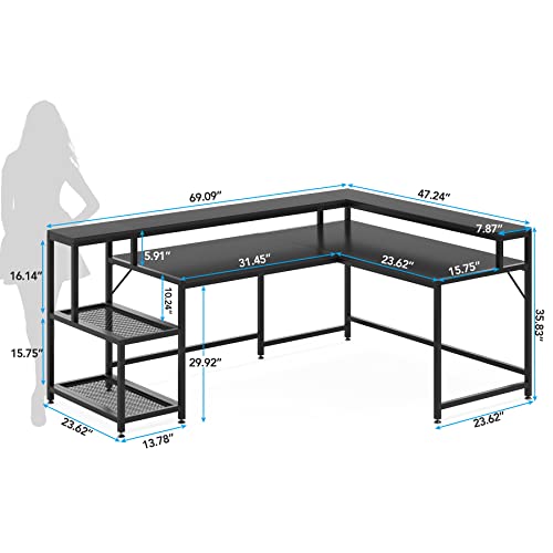 Tribesigns 69 Inch L Shaped Desk with Monitor Stand, Large Reversible Corner Desk with Storage Shelf, Industrial Computer Table Writing Desk for Home Office, Black Tribesigns