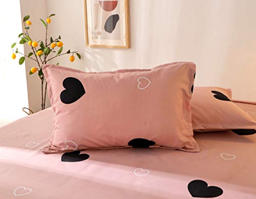 Girls Cute Heart Pattern Fitted Sheet for Kids Queen Size Lovely Pink Black Bedroom Decor Bed Sheet Set Girly Cartoon Love Geometric Bedding Set Children Modern Design Bed Cover with 2 Pillow Case Feelyou