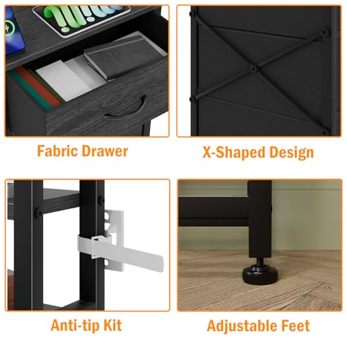 Furnulem Tall Nightstand with 3 Drawers, LED Lights, and USB Charging Ports - Versatile Beadside Table in Black Oak - WoodArtSupply