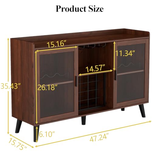 Auromie Wine Bar Cabinet with Led Light, Home Coffee Cabinet with Wine and Glass Rack, Kitchen Buffet Sideboard with Storage Shelves, Freestanding Liquor Cabinet for Living Room, Dining Room (Walnut)